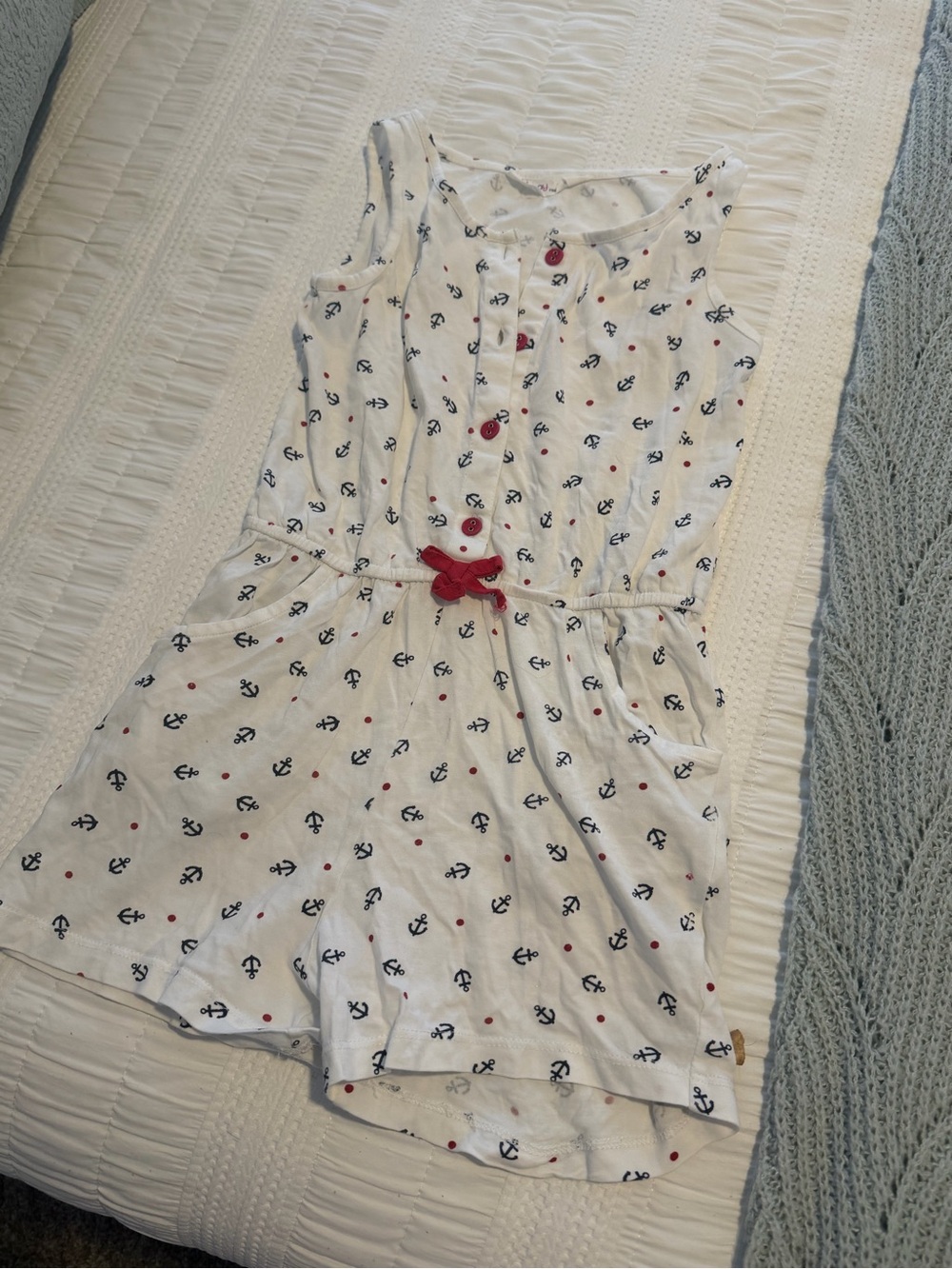 Source Unknown White Nautical Anchor Romper with Navy and Red Accents